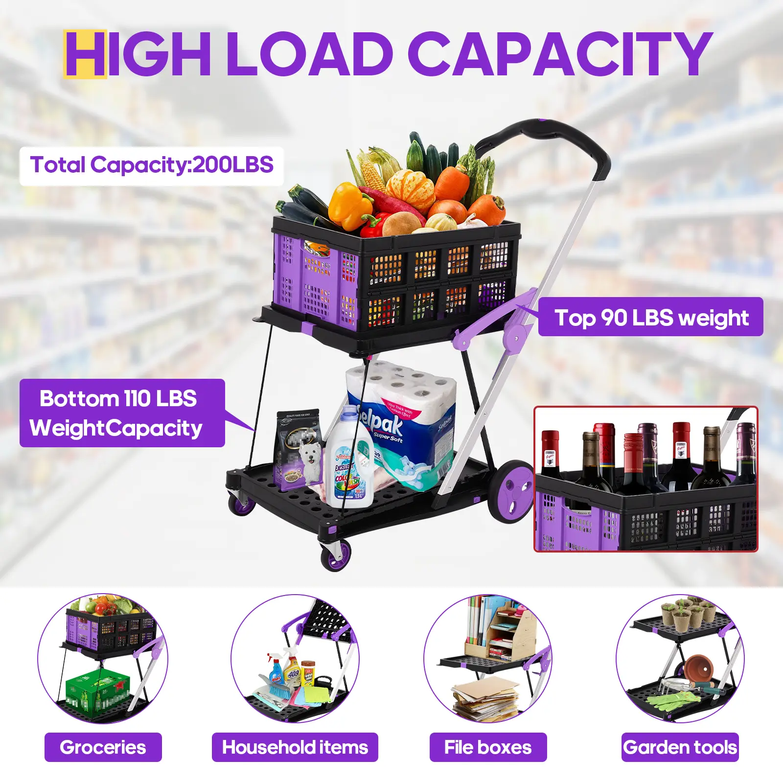 2‑Basket Collapsible Utility Trolley Cart