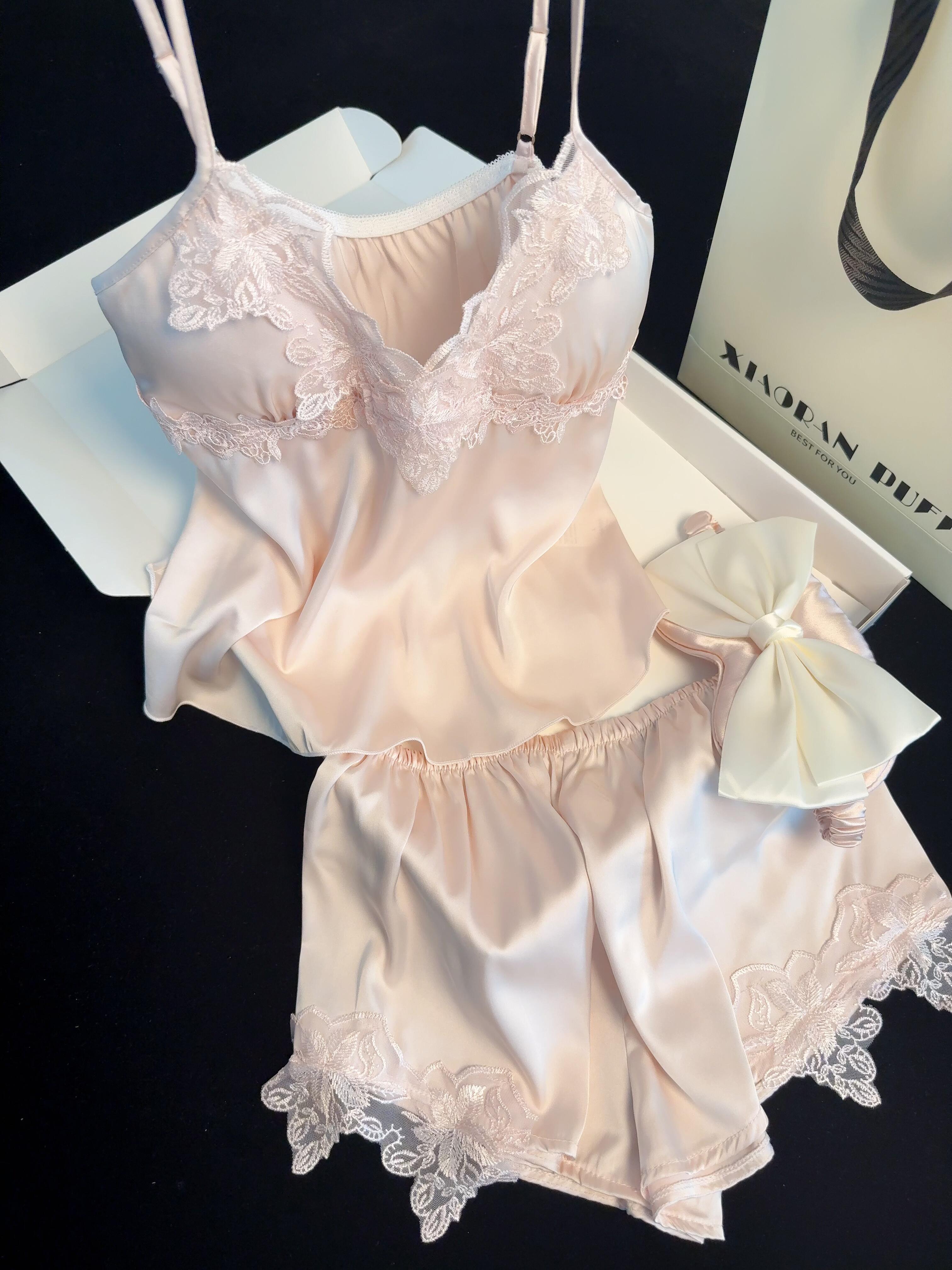 Pink Lace Satin Pajama Set for Women 2 Piece Silky Lingerie Sleepwear Camisole Pj Shorts Set Soft Nightwear