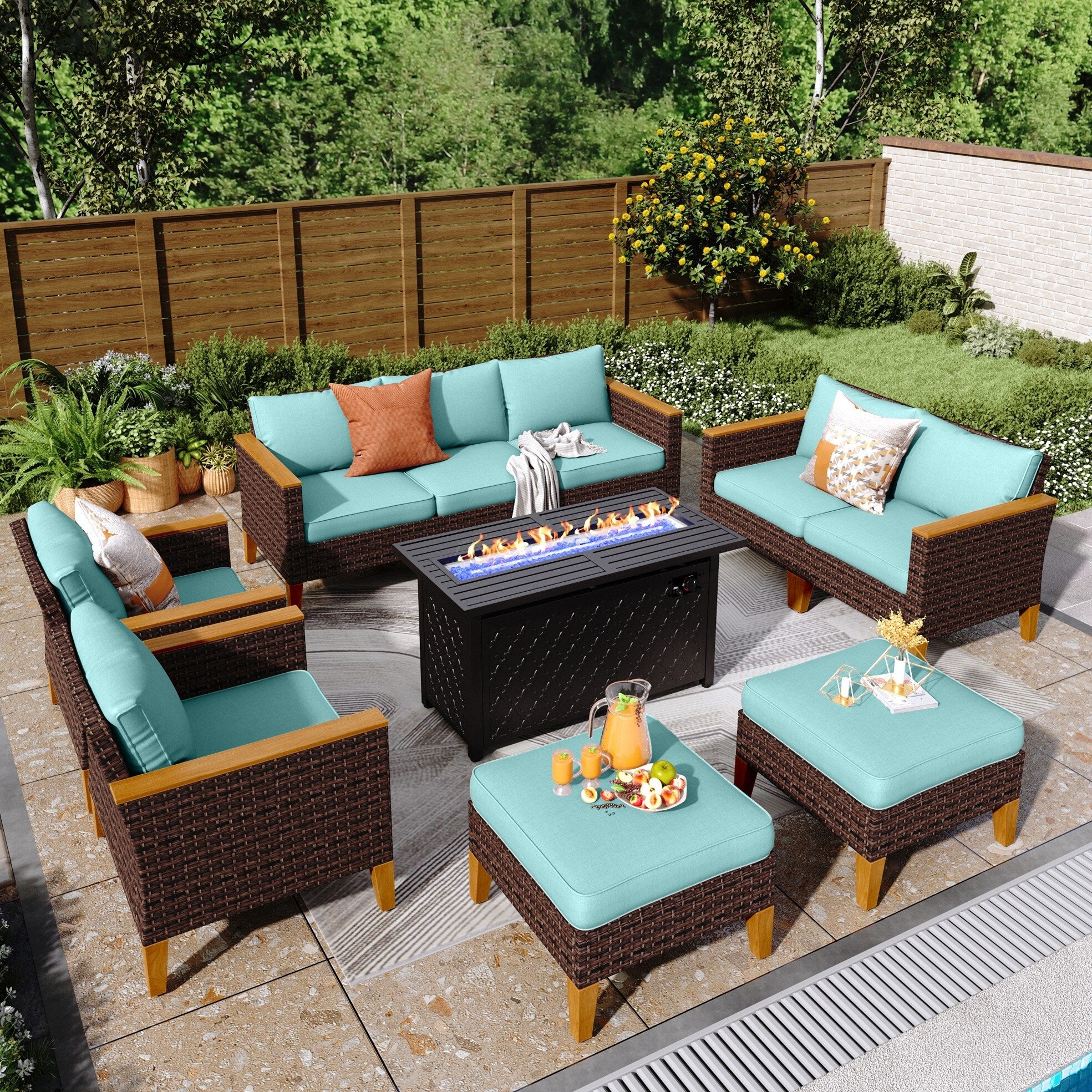 8-Piece Patio Outdoor Wicker Sectional Sofa Set, Large Seating Furniture Conversation Sets with Fire Pit Table