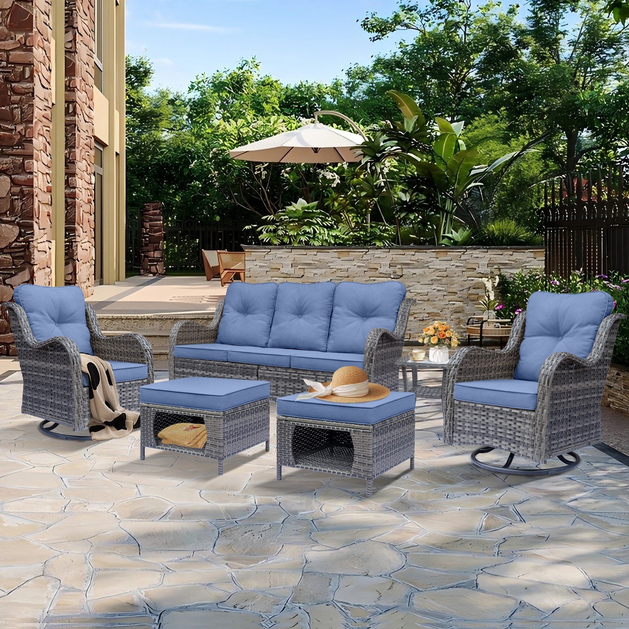 Outdoor Patio Furniture Set-Wicker Patio Conversation Swivel Chair Set
