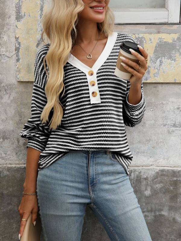 V-neck Button-front Long-sleeve Casual Spliced ​​Pullover