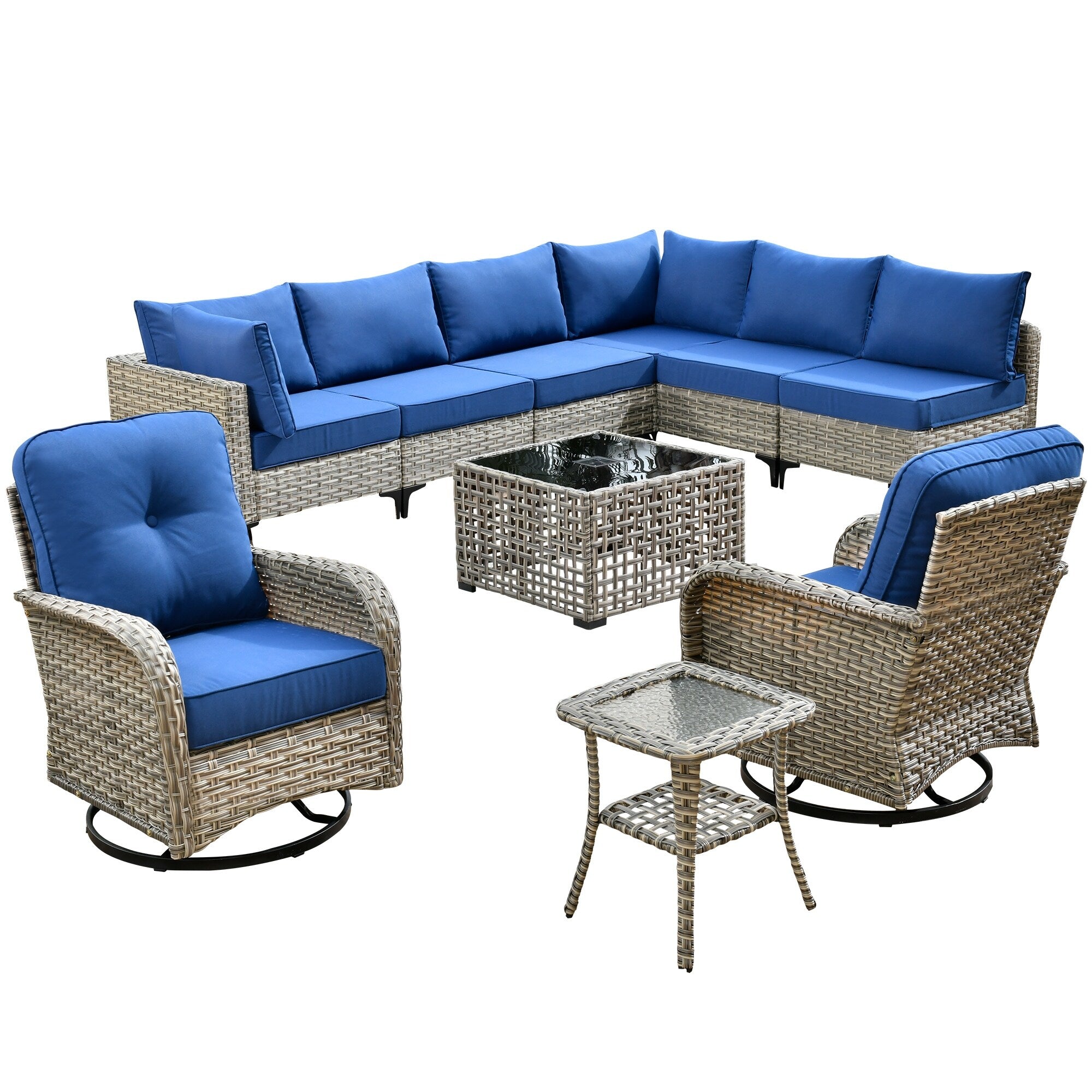 XIZZI 10-piece Patio Furniture Wicker Sectional Set with Swivel Chair