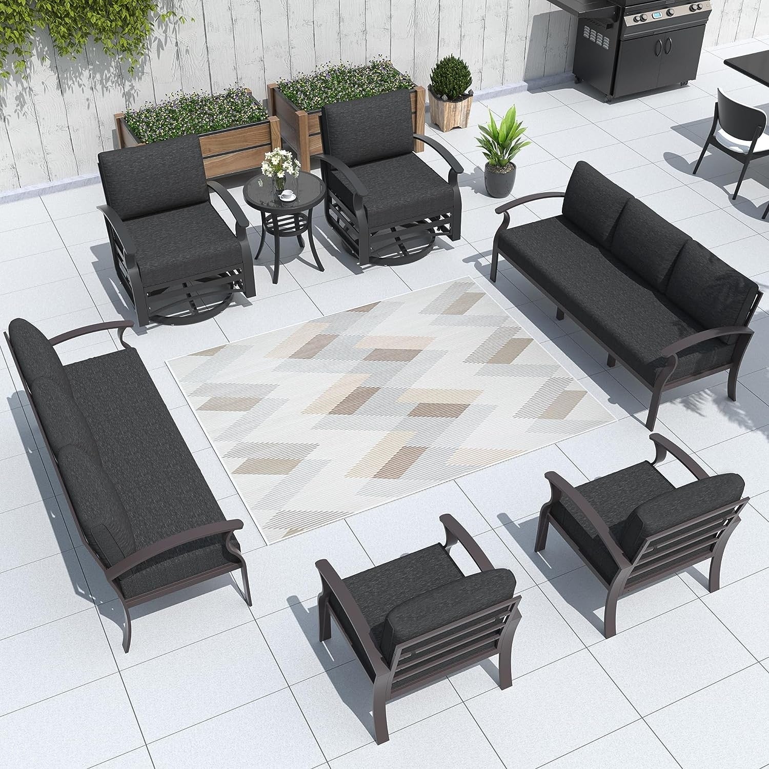 Kullavik Aluminum Outdoor Patio Furniture with Curved Armrests & Firepit Table