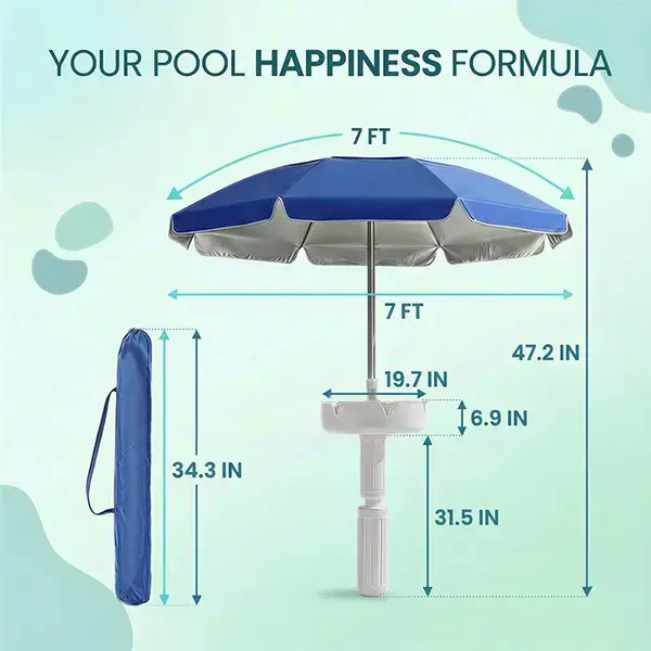 Portable Floating Pool Bar Table with Sun Umbrella, Built-in Cup Holders & Phone Stand, Stable Base with Carry Bag for Pool, Lake, Beach Summer Parties