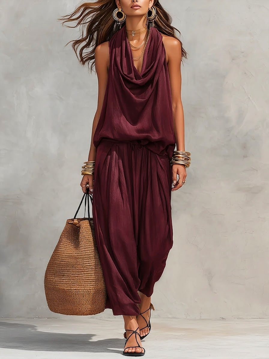 Open-Back Draped Halter Top & Relaxed Wide Leg Pants Set