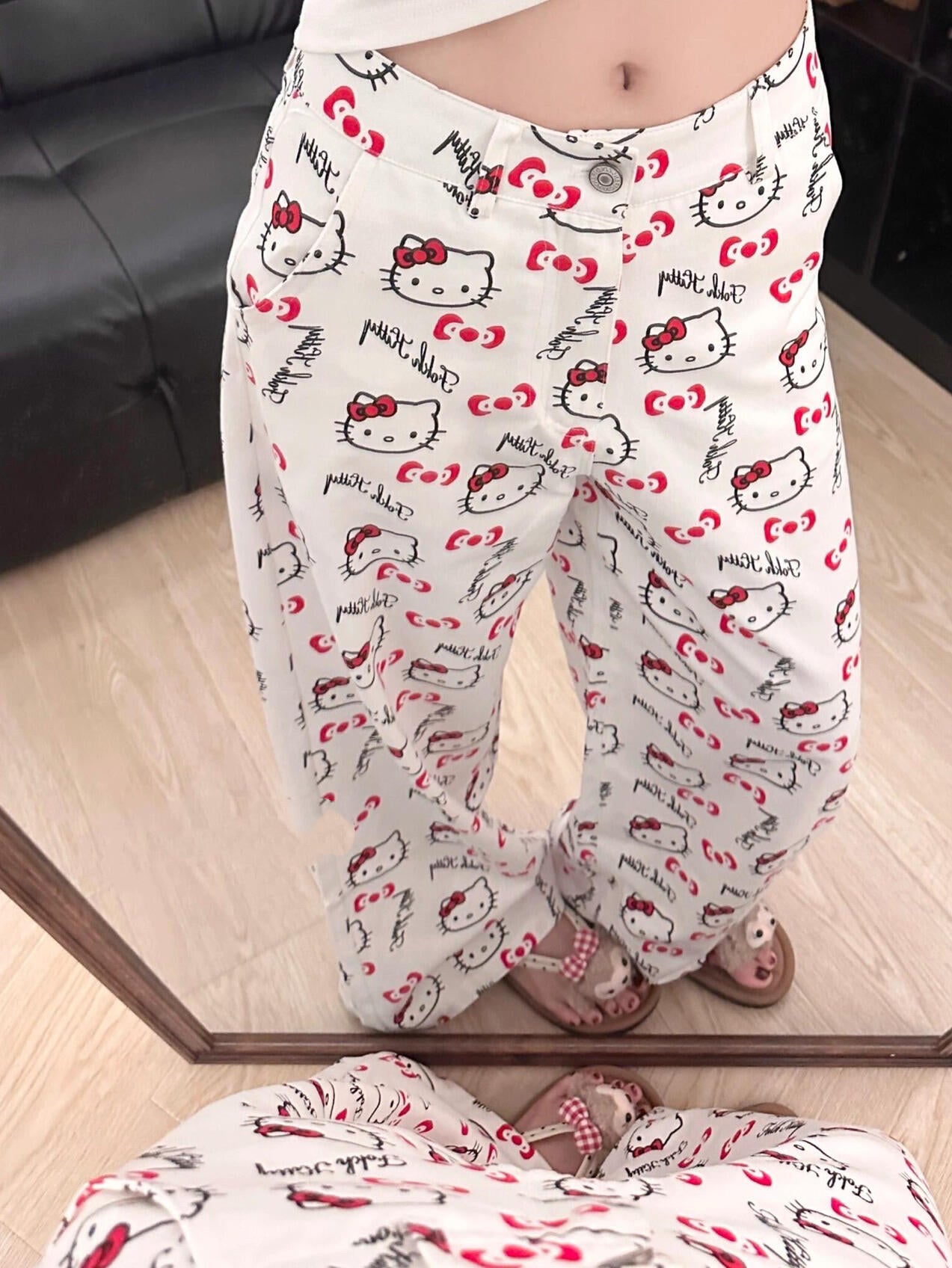 Hellokitty WHite Pocket Embroidery Wide Leg Jeans High Waist Baggy Jeans for Women Loose Boyfriends Jeans Denim Pants