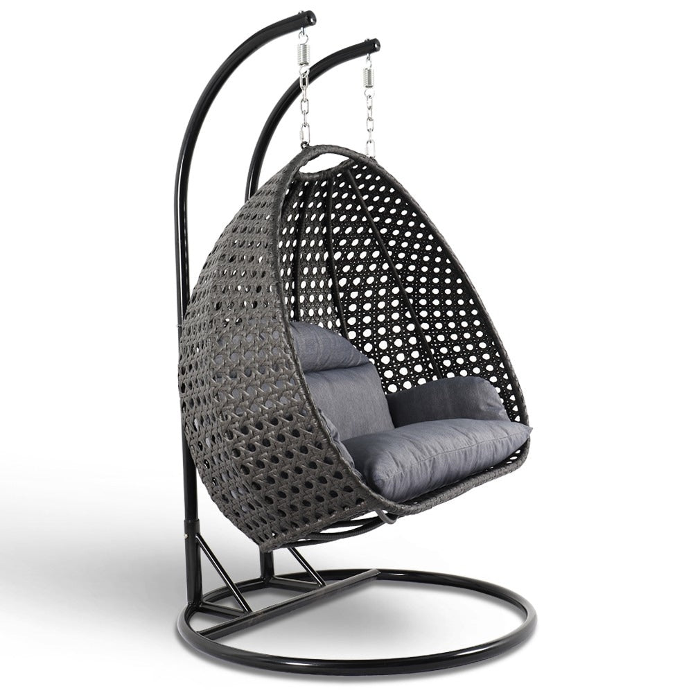 LeisureMod 2 Person Hanging Egg Chair with Stand - Outdoor/Indoor Rattan Wicker Patio Swing Hammock Lounger with Cushions