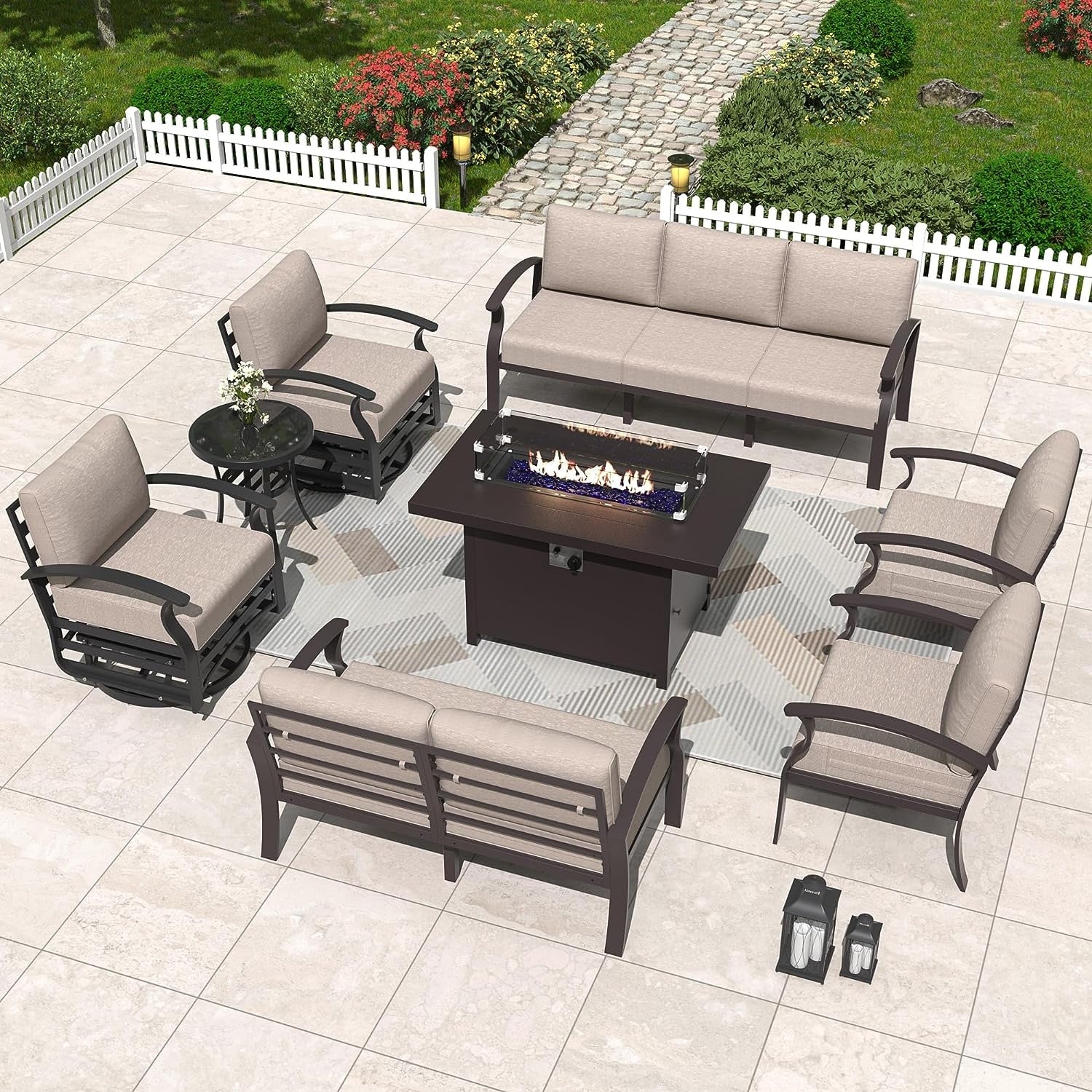 Kullavik Aluminum Outdoor Patio Furniture with Curved Armrests & Firepit Table