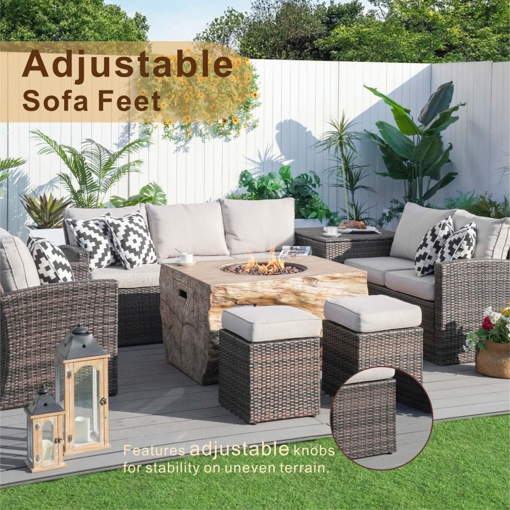 7-piece Patio Wicker Garden Chat Sofa Set with Fire Pit Table and Storage Box