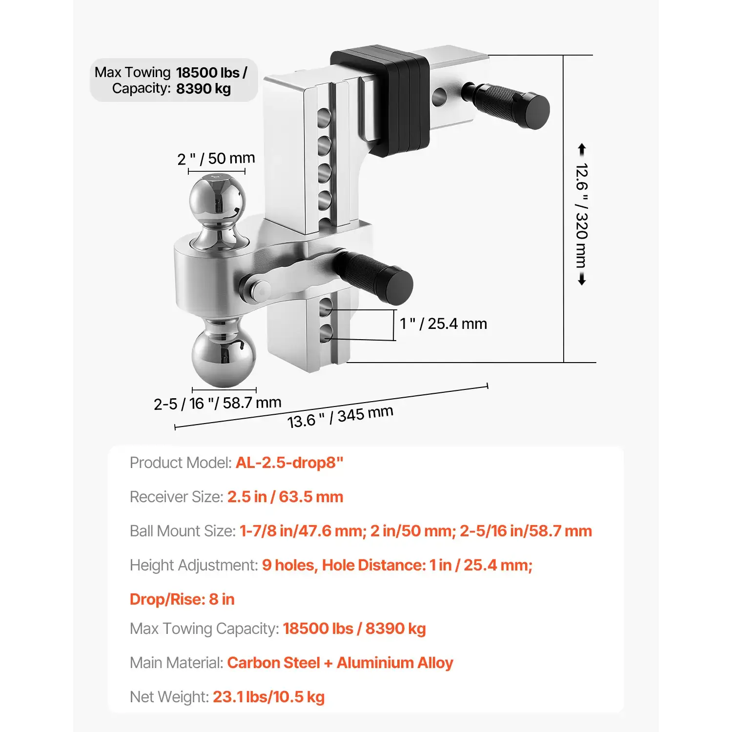 Adjustable Trailer Hitch—8-inch drop, triple-ball mount compatible with 2.5-inch receivers