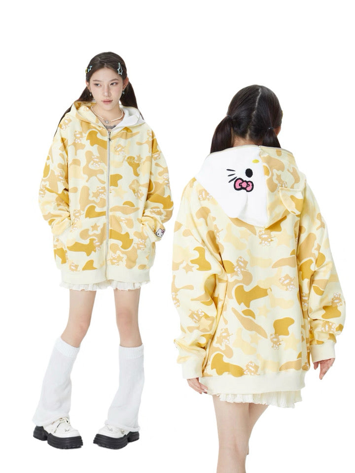 Hellokitty Camouflage Drawstring Zip Up Oversized Hoodies Jacket