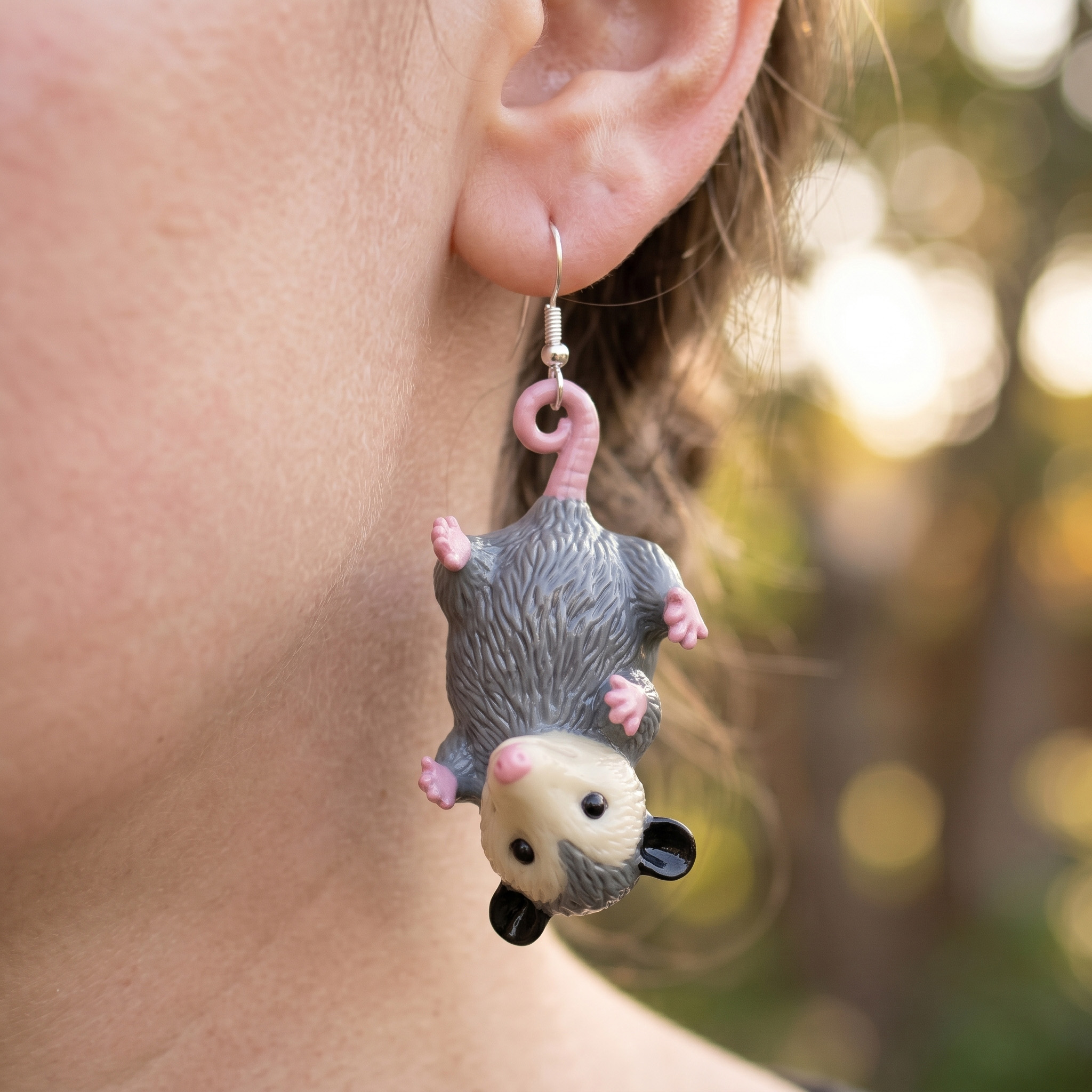 Quirky 3D Upside-Down Possum Drop Earrings