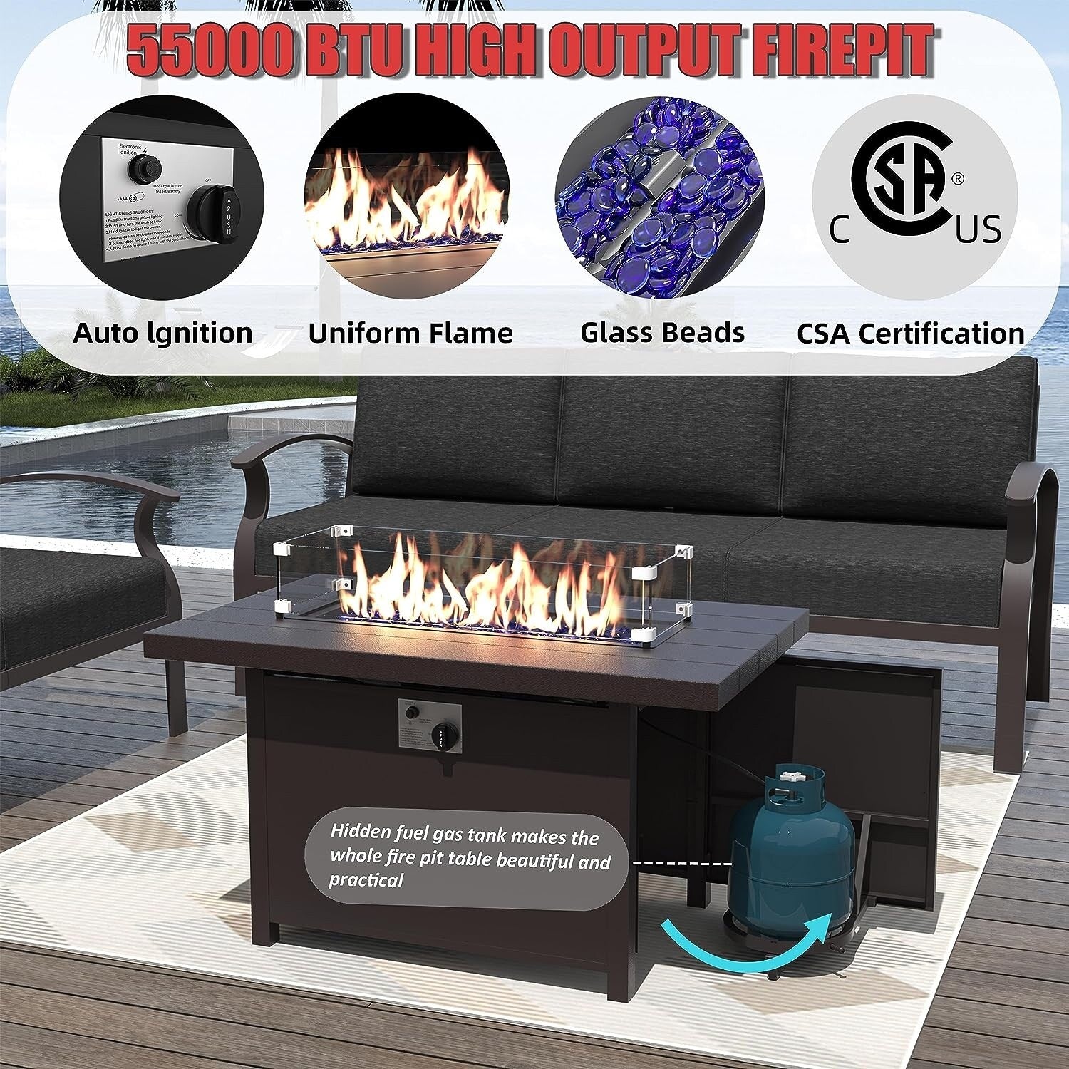 Kullavik Aluminum Outdoor Patio Furniture with Curved Armrests & Firepit Table