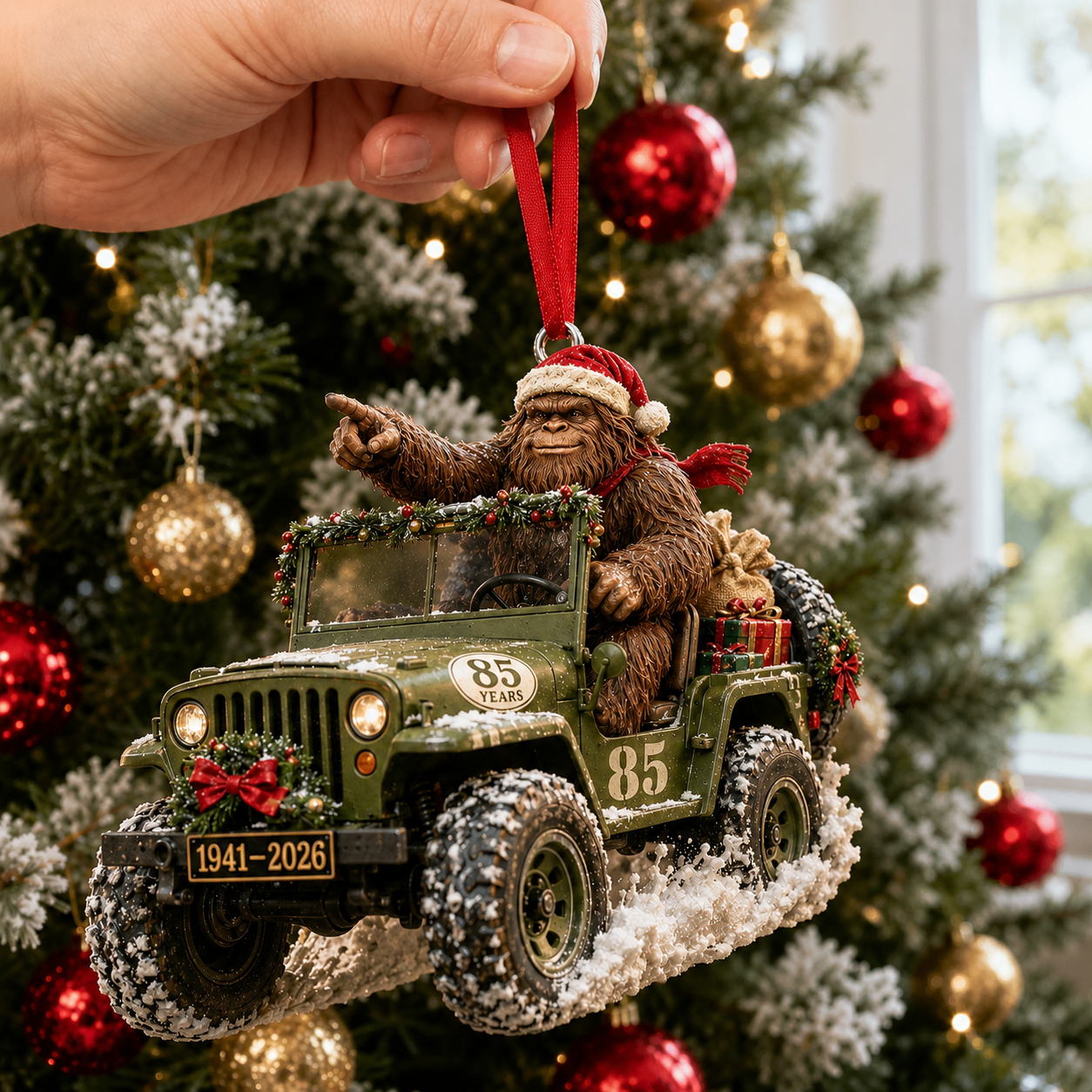 Bigfoot Christmas Expedition Jeep Ornament