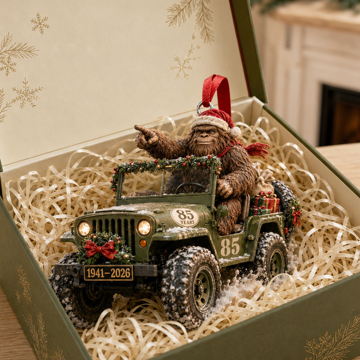 Bigfoot Christmas Expedition Jeep Ornament