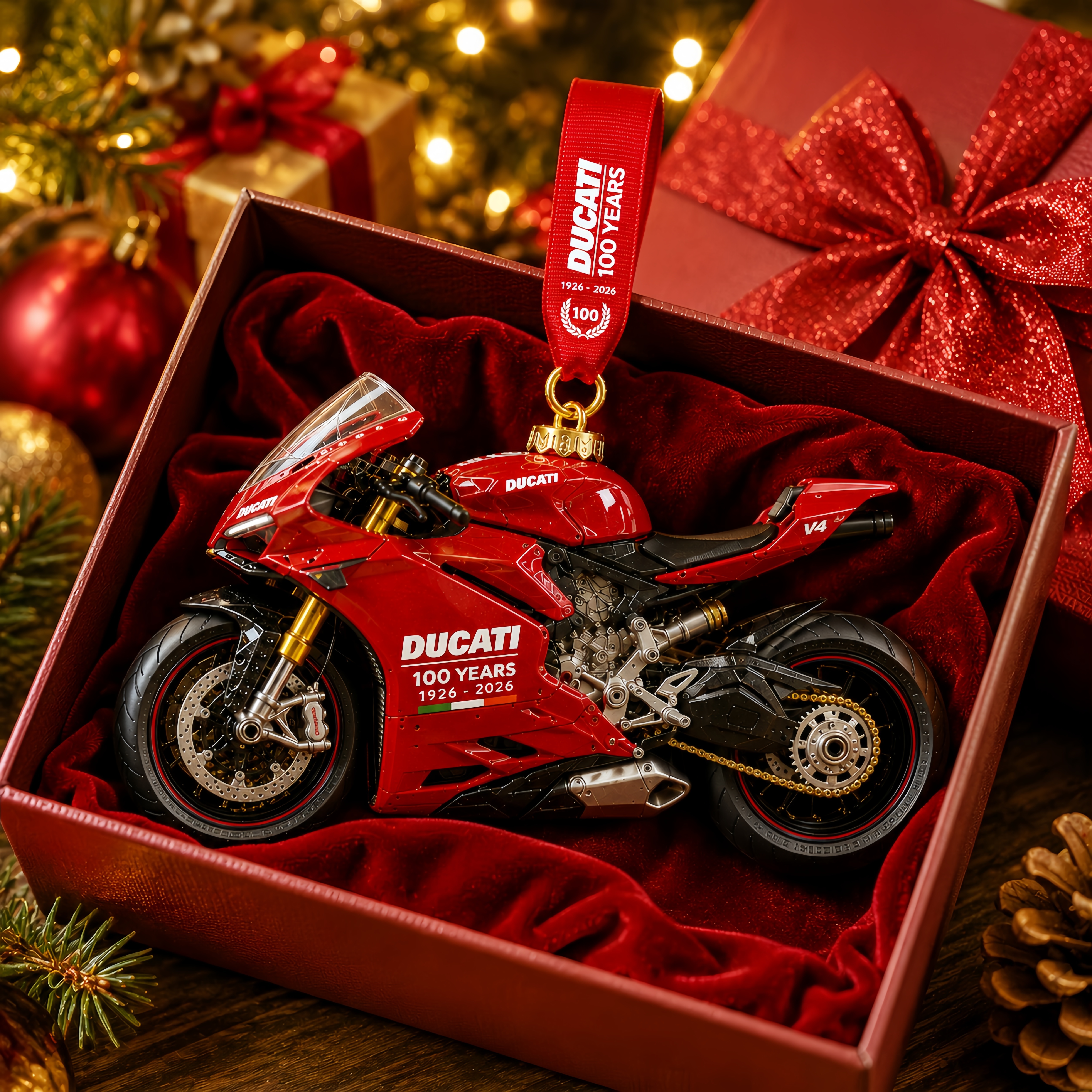 Ducati 100th Anniversary 1926-2026 Motorcycle Christmas Ornament