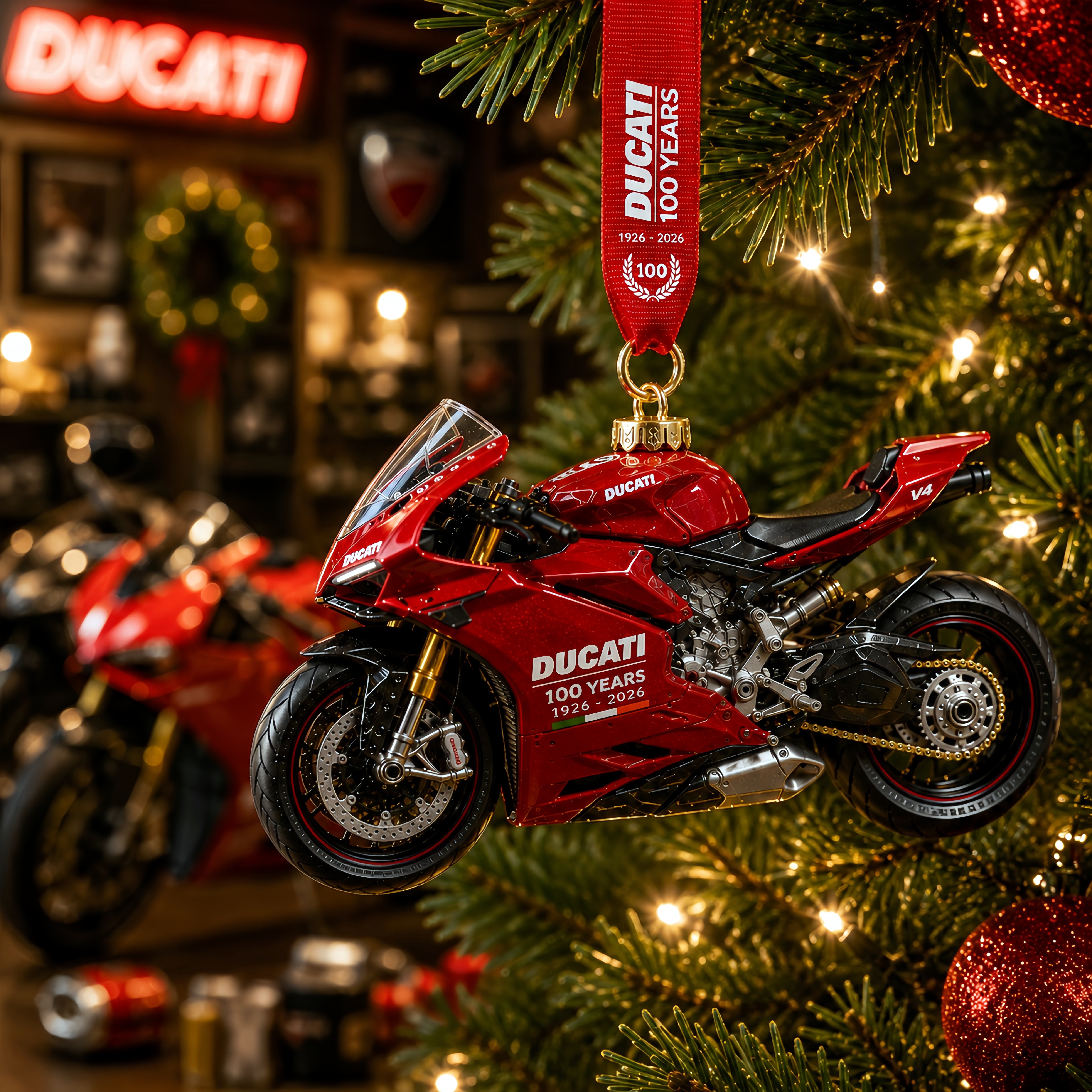 Ducati 100th Anniversary 1926-2026 Motorcycle Christmas Ornament