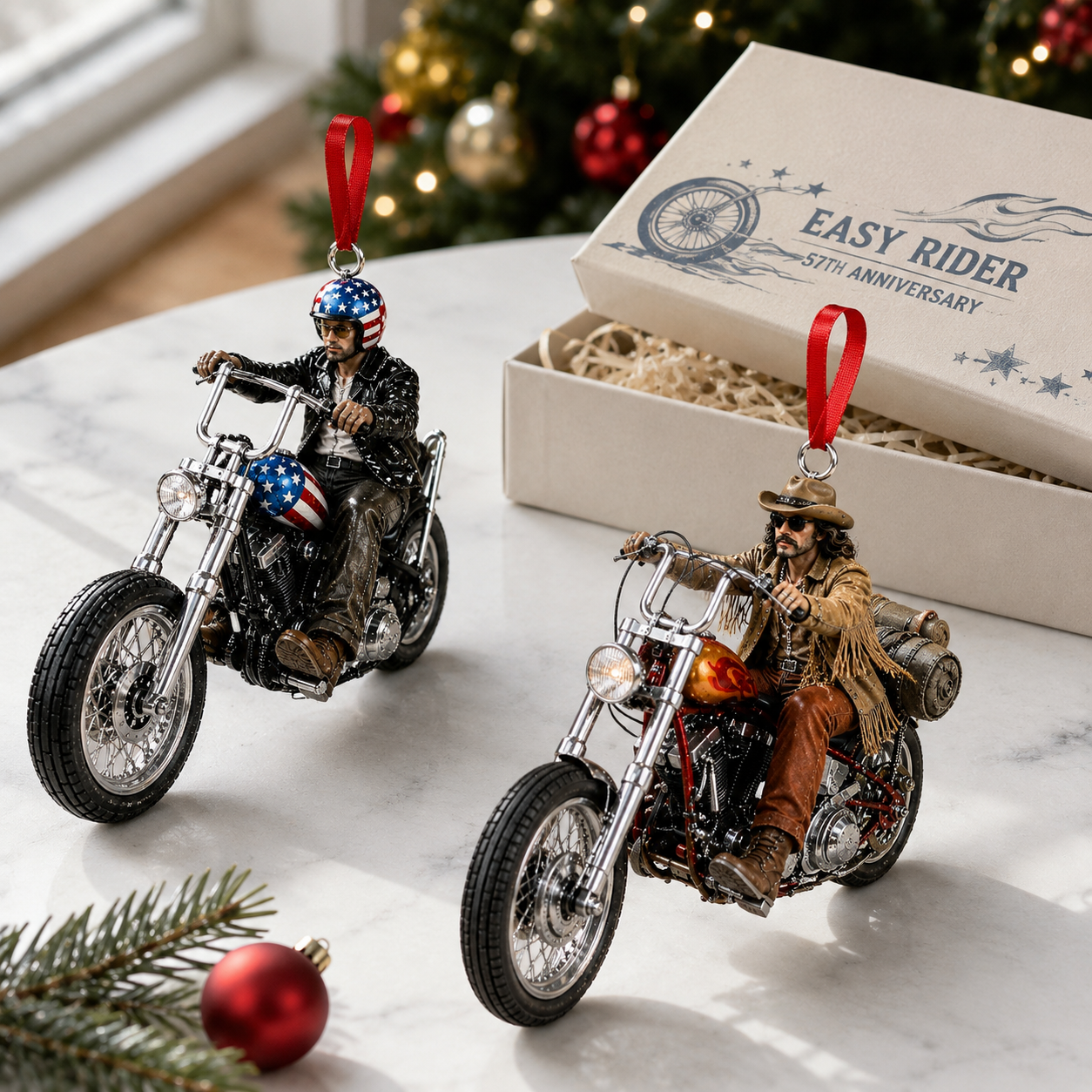 Easy Rider 57th Anniversary Motorcycle Rider Christmas Ornament Set