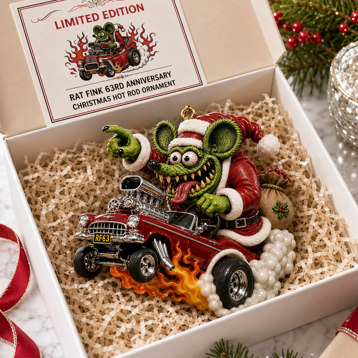 Rat Fink 63rd Anniversary Hot Rod Christmas Ornament