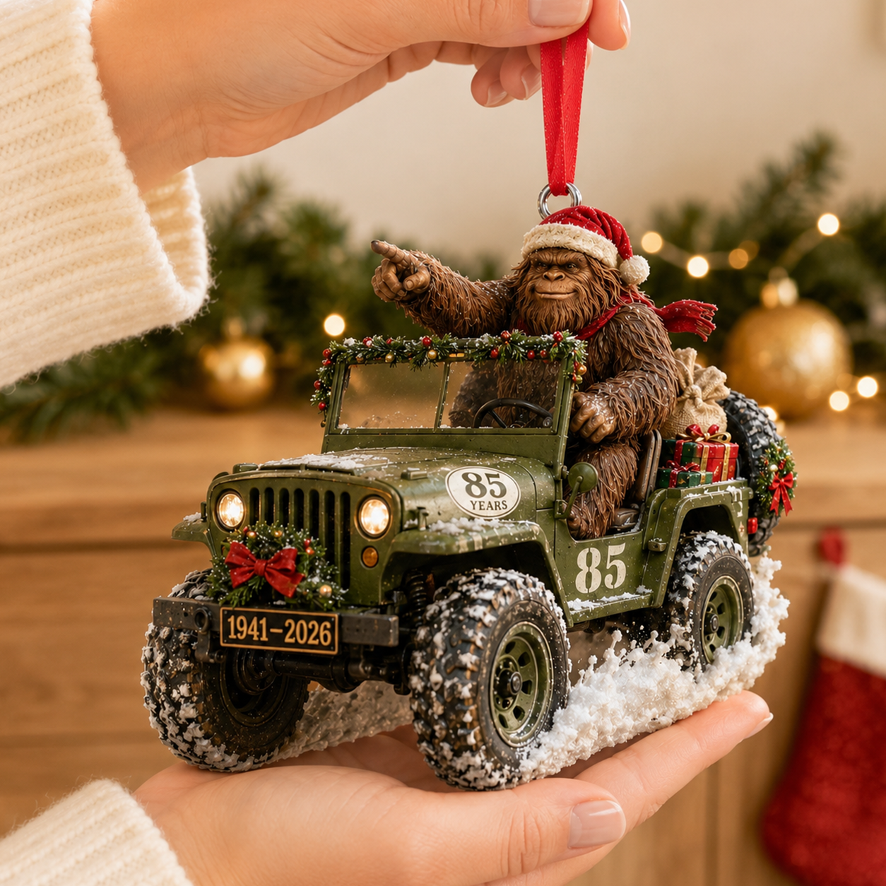 Bigfoot Christmas Expedition Jeep Ornament