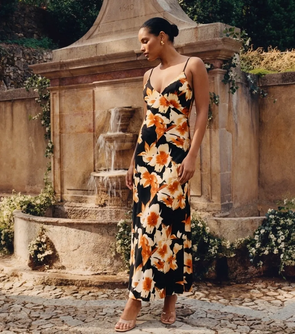 Orange Floral Print V-Neck Spaghetti Strap Wrap Maxi Dress