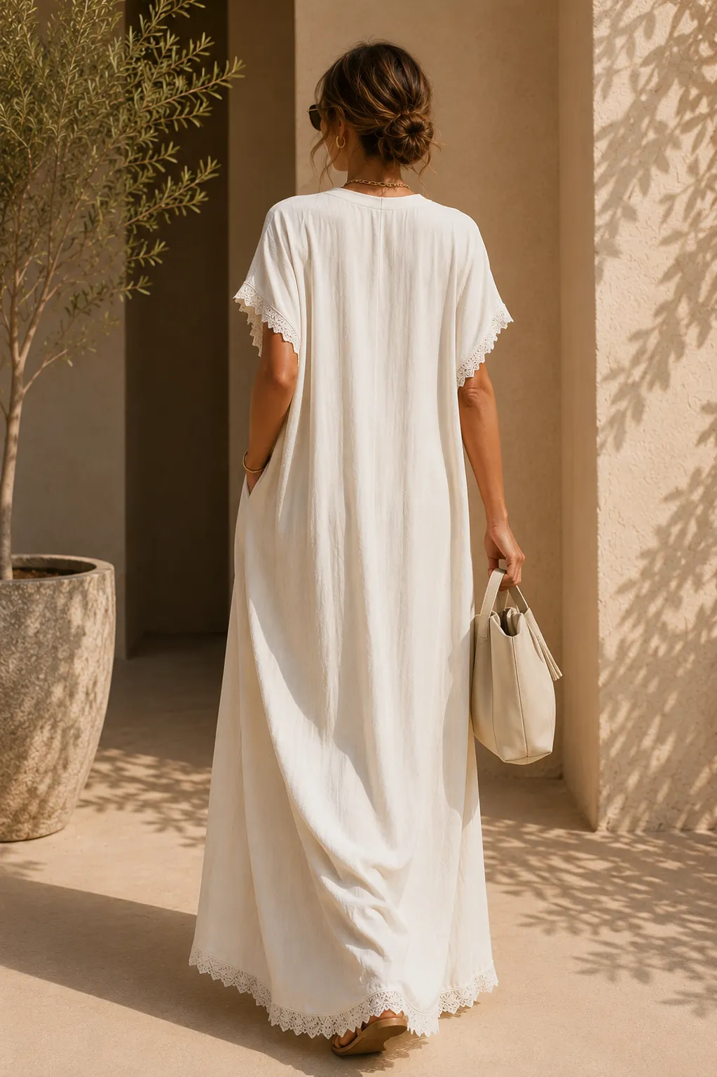 Casual Bohemian Urban V-neck Short-sleeved Lace Trim White Cotton Maxi Dress