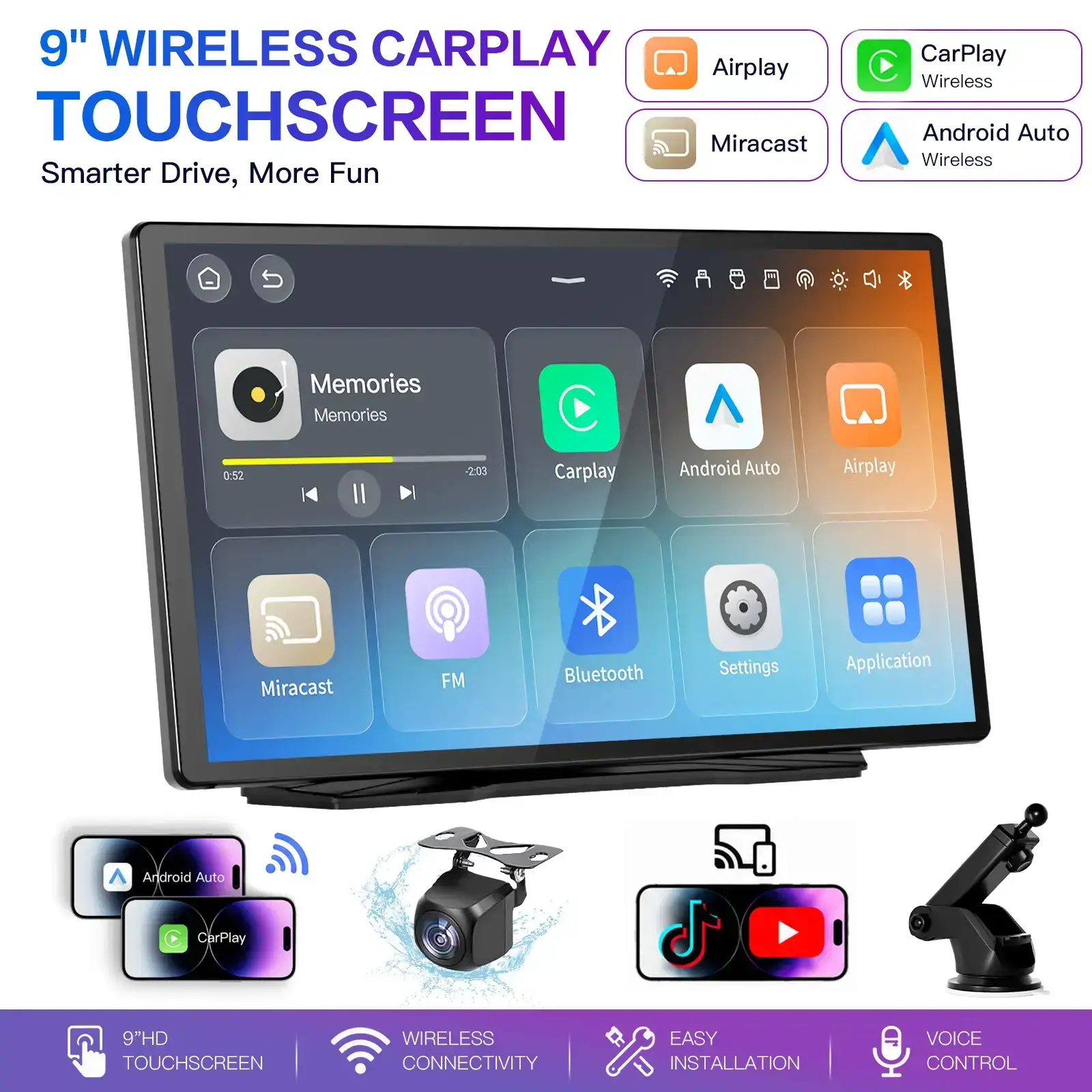 2026 Upgraded 9 Inch IPS Touchscreen Wireless CarPlay Screen, Supports Android Auto, Mirror Link, TikTok YouTube, Backup Camera, Navigation & Voice Assistant