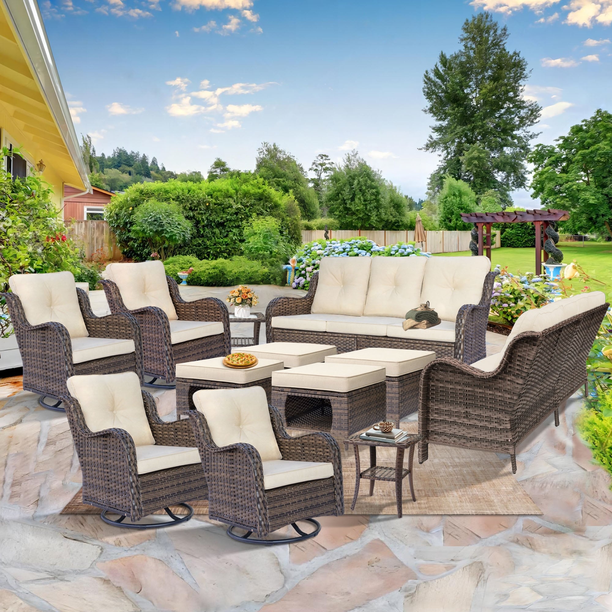 Outdoor Patio Furniture Set-Wicker Patio Conversation Swivel Chair Set