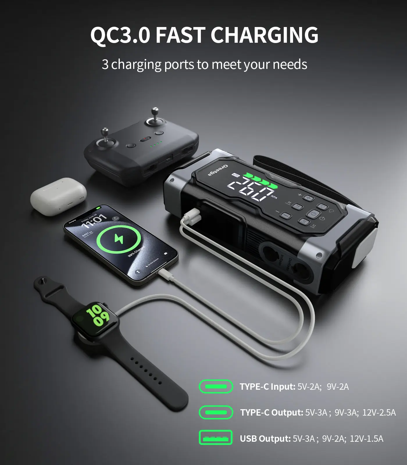 9000A 7-in-1 Portable Car Battery Jump Starter with Air Inflator and LCD Screen