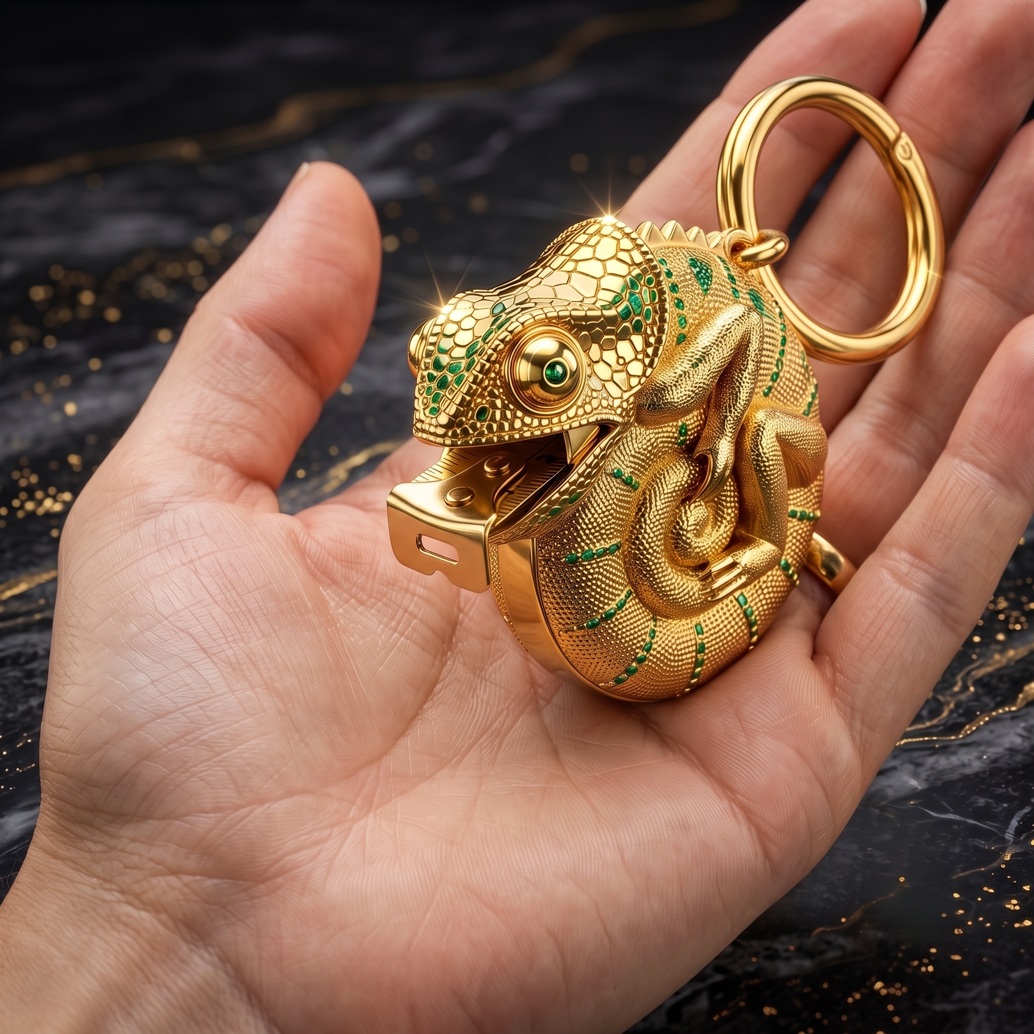 🦎 Luxurious Golden Chameleon Retractable Tape Measure Keychain