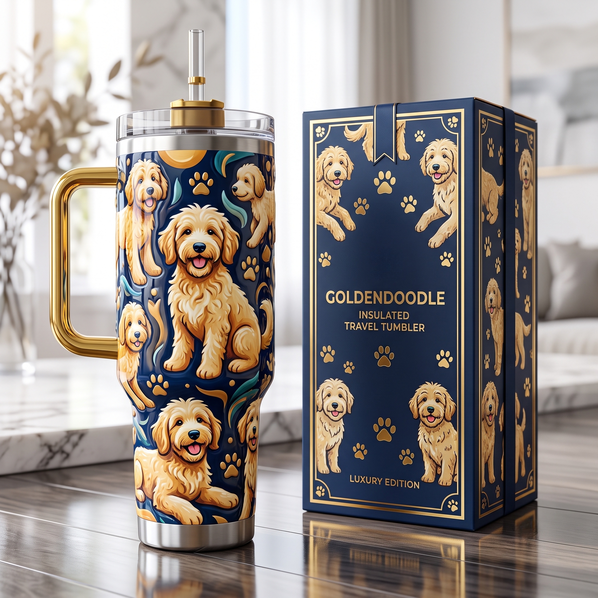 🐩 Luxury Goldendoodle Insulated Travel Tumbler with Metallic Gold Handle & Gift Box