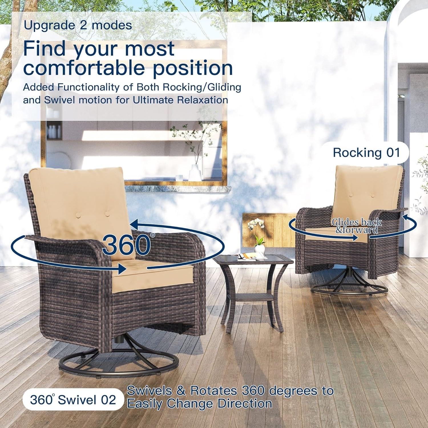 Patio Furniture Sectional Sofa Set, PE Rattan Swivel Rocking Chairs Patio Conversation Set