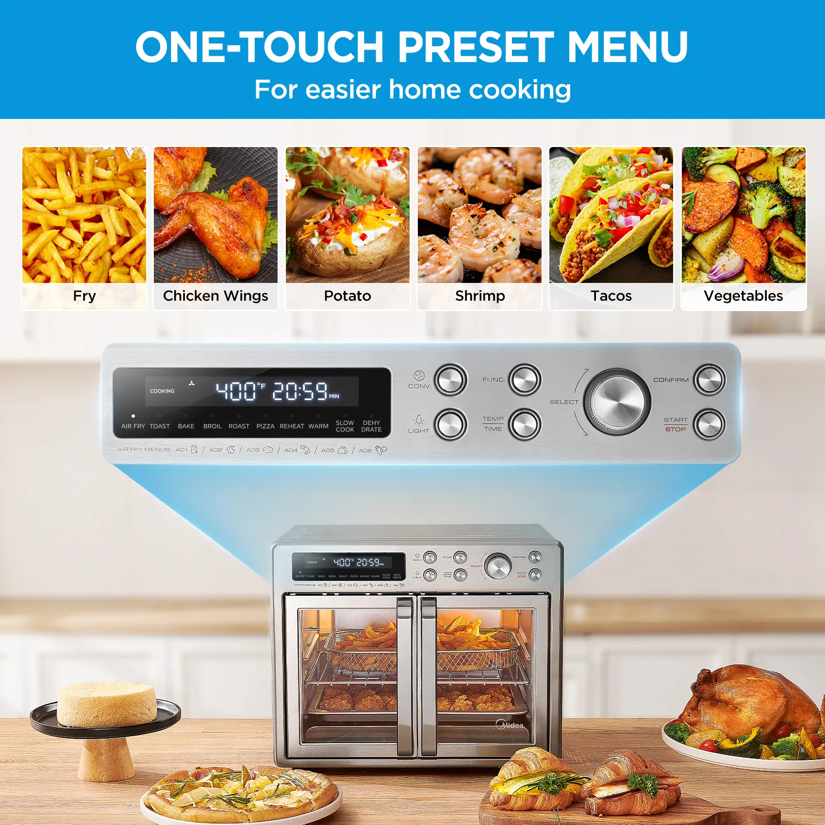 26.4 QT French Door Air Fryer Toaster Oven Combo, 10-in-1 Large Countertop Oven
