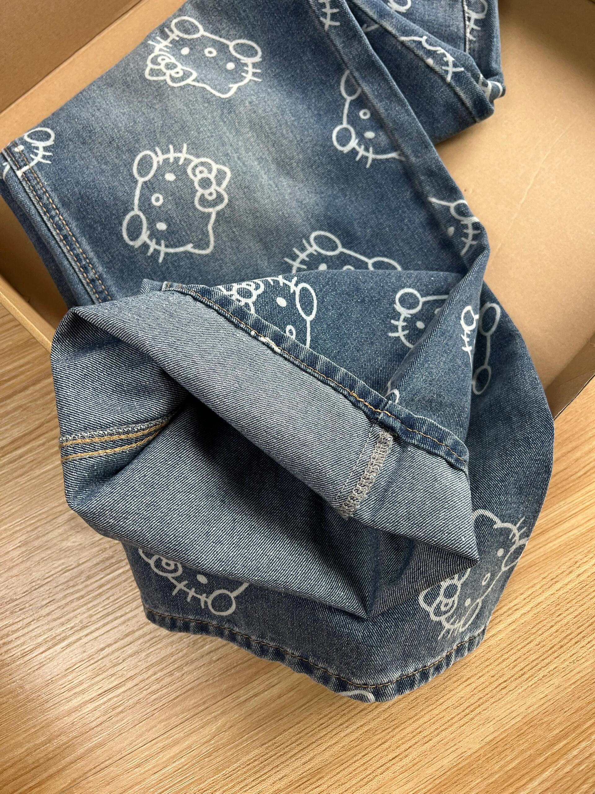 Hellokitty Embroidery Wide Leg Jeans High Waist Baggy Jeans Denim Pants
