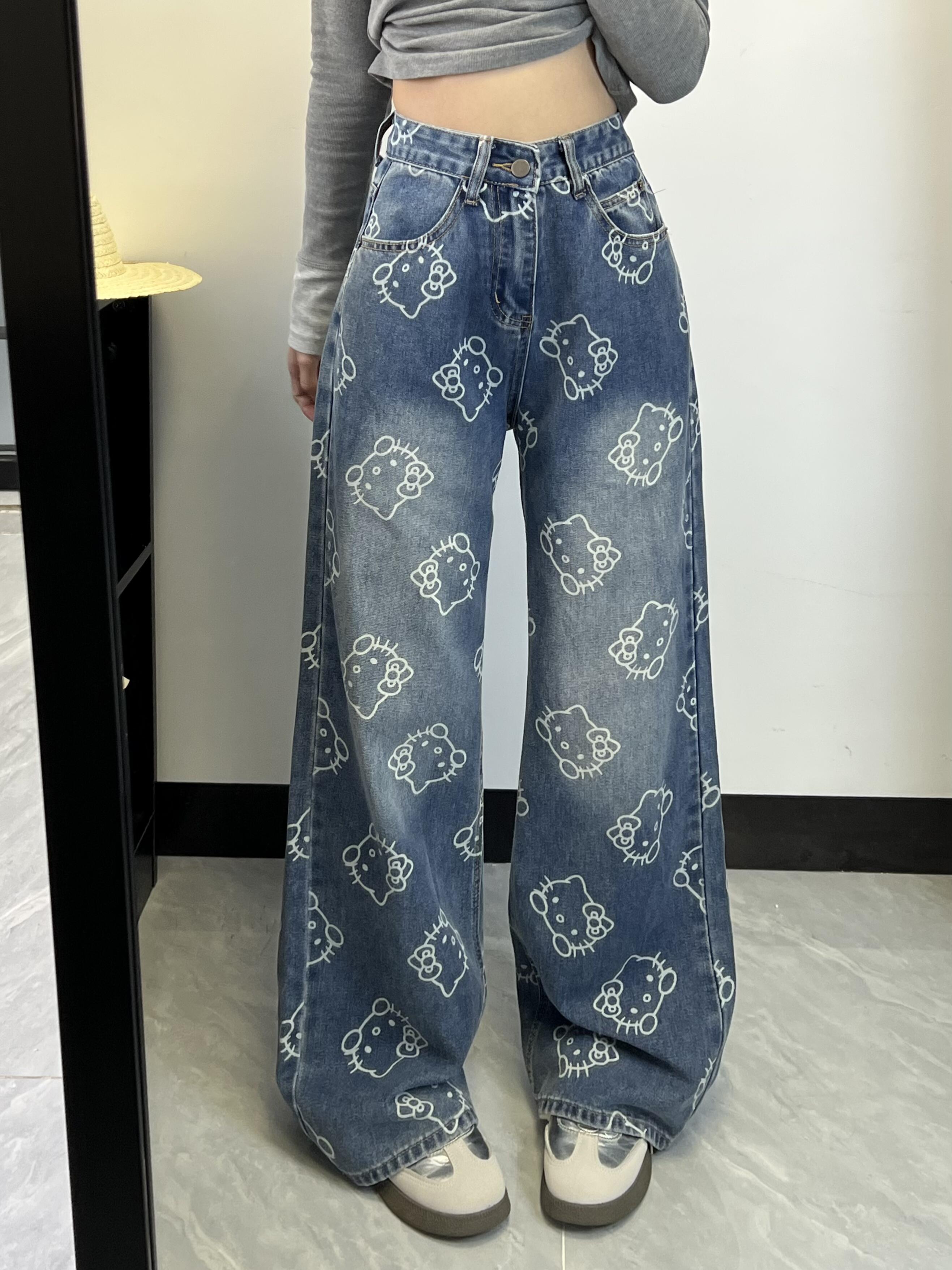 Hellokitty Embroidery Wide Leg Jeans High Waist Baggy Jeans Denim Pants