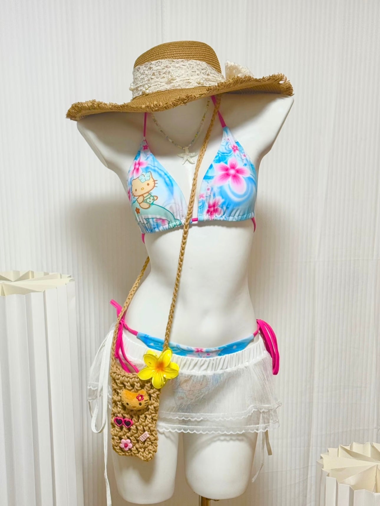 Tan Hellokitty Dolphin Blue Halter Tie Side Triangle Bikini Set