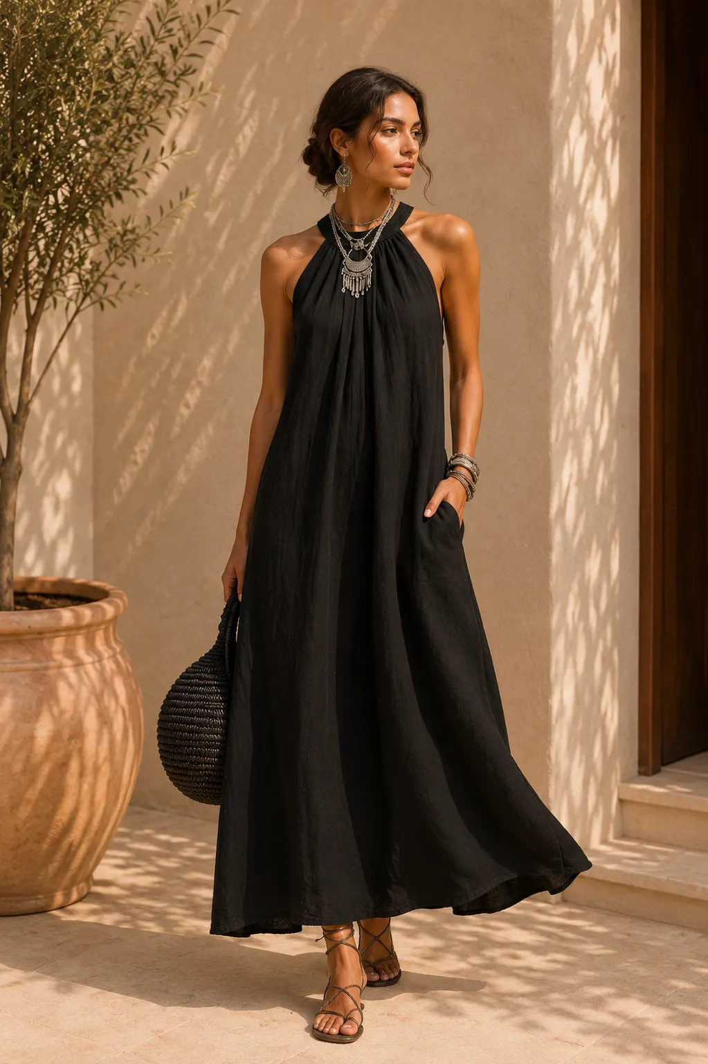 Gathered Halter Neck Linen Blend Maxi Dress