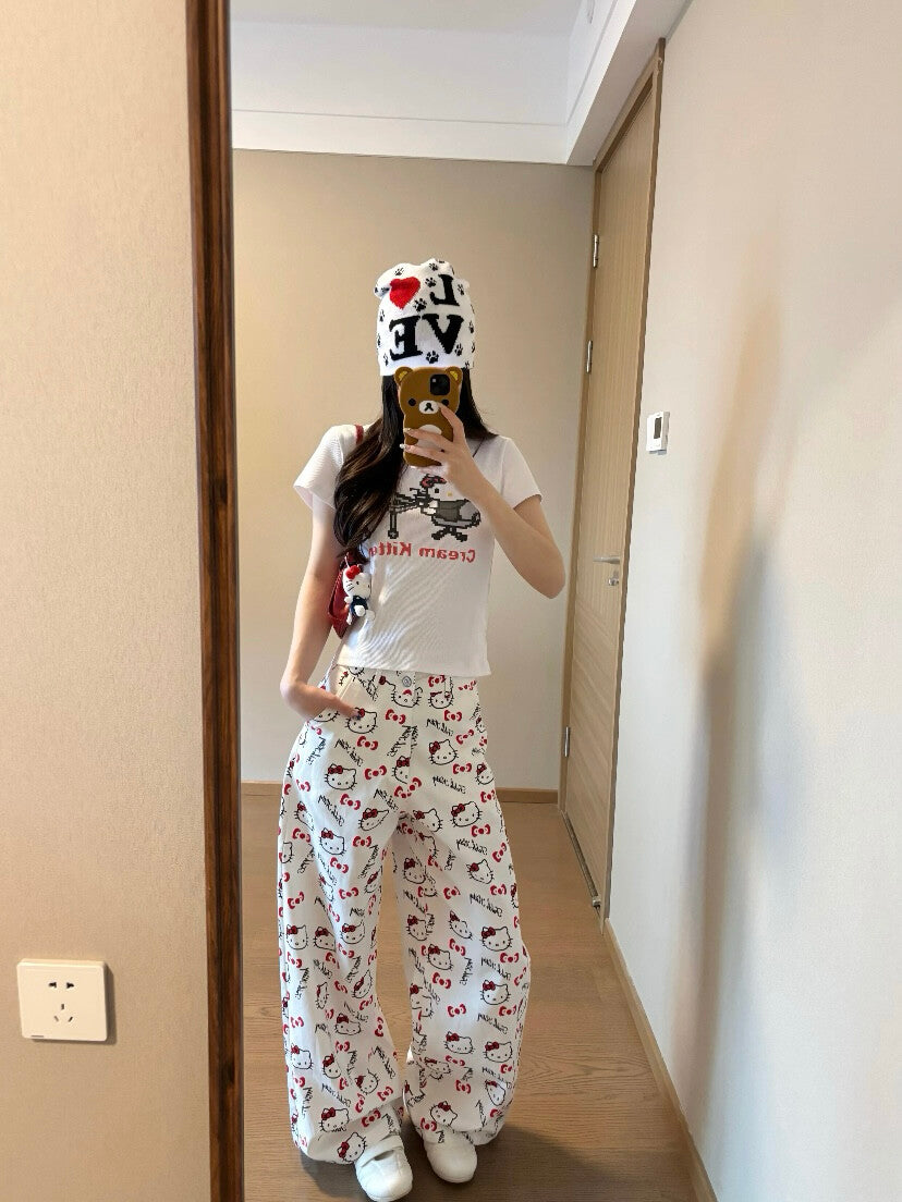 Hellokitty WHite Pocket Embroidery Wide Leg Jeans High Waist Baggy Jeans for Women Loose Boyfriends Jeans Denim Pants