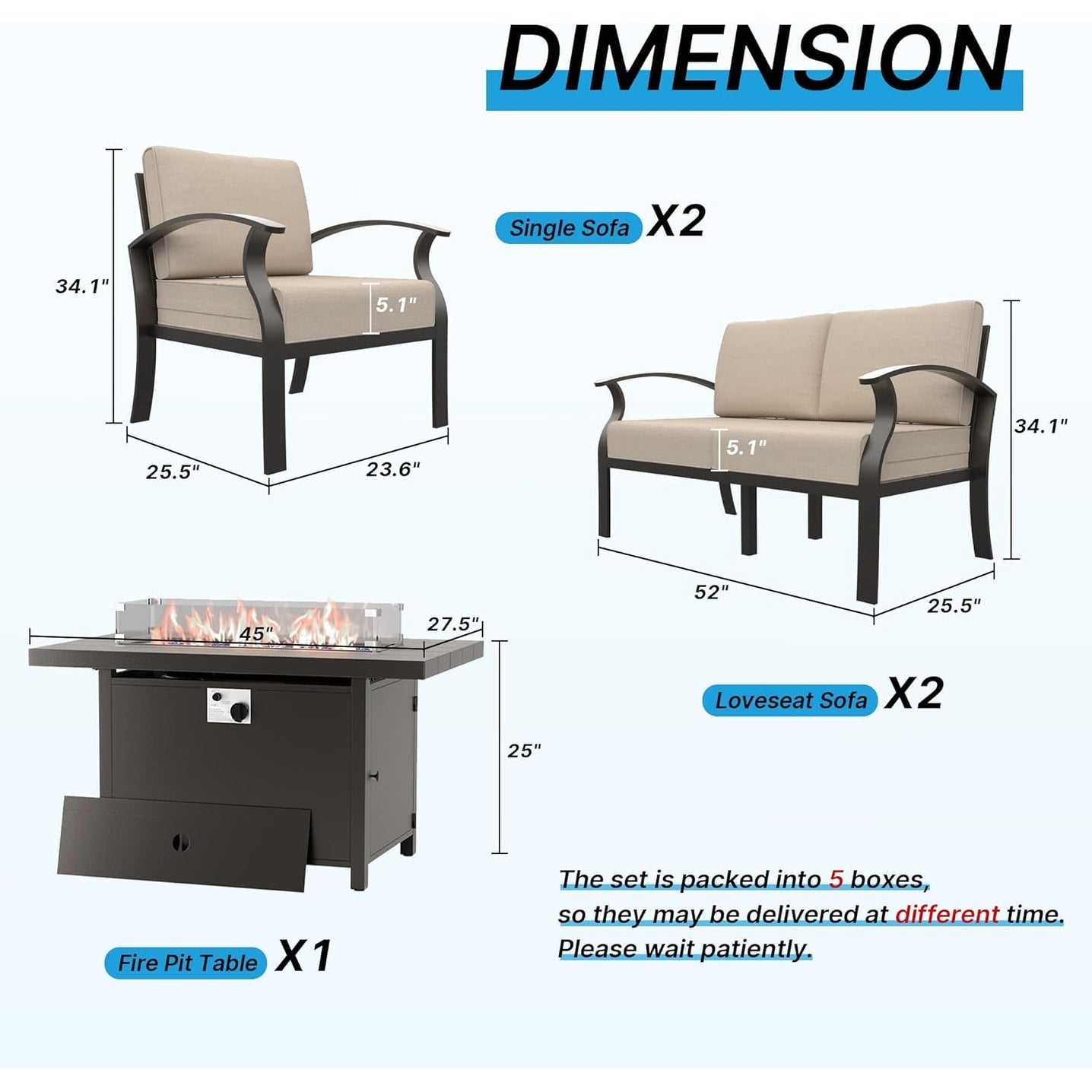 Kullavik Aluminum Outdoor Patio Furniture with Curved Armrests & Firepit Table