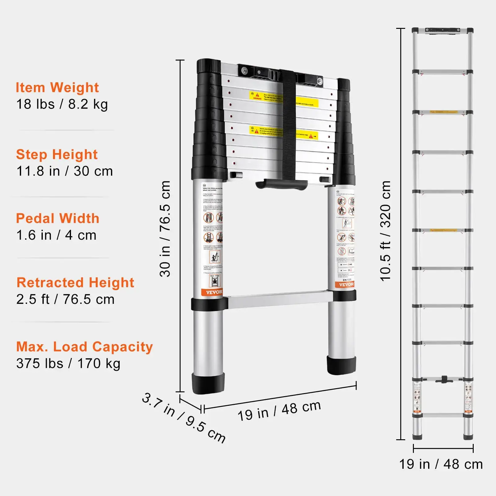 12.5 ft Aluminum Telescoping Ladder, One-Button Retraction Collapsible Extension Ladder, Non-Slip Feet, ANSI Certified Portable Multi-Purpose Compact Ladder for Home, RV & Loft