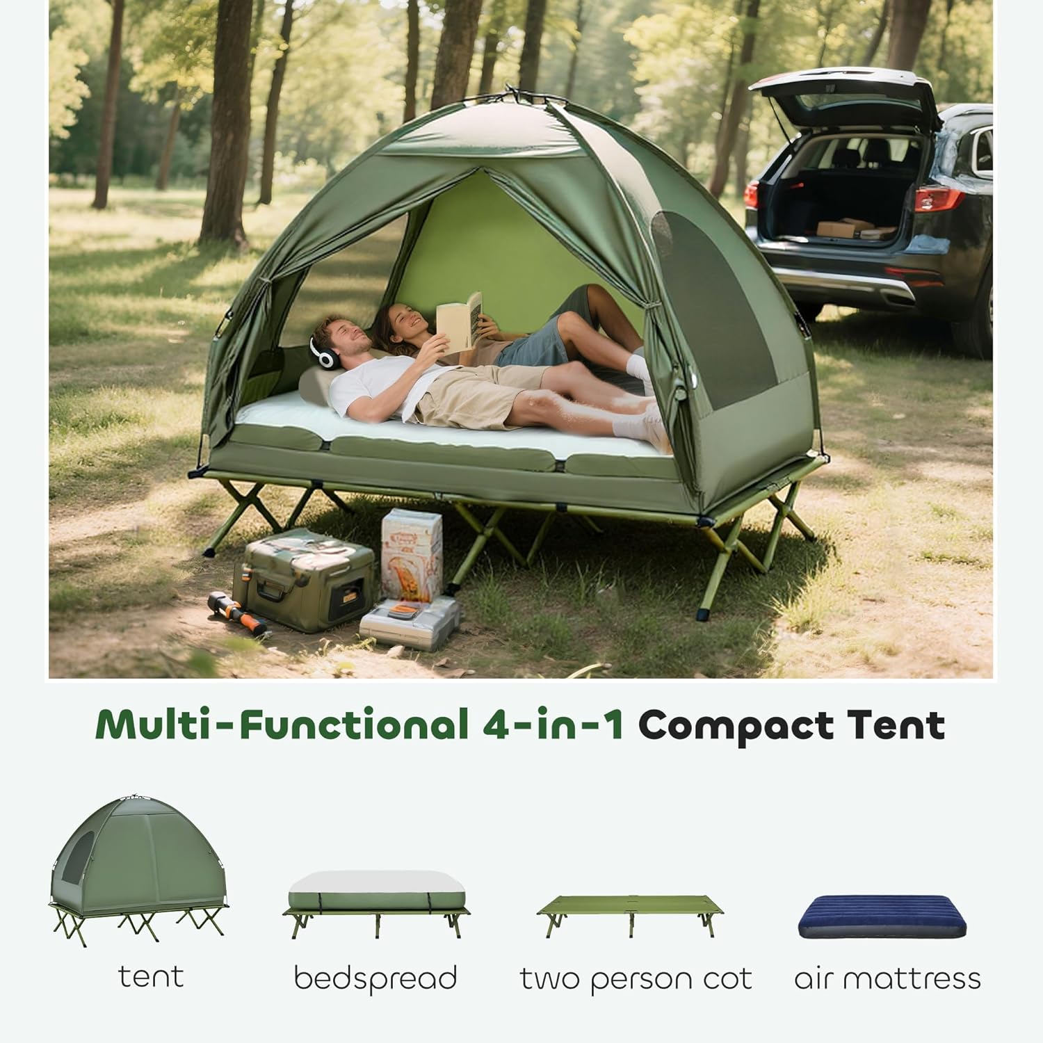 💥Last Chance Sale💥1/2 Person Foldable Camping Cot with Tent, Bedspread, Thick Air Mattress, 4-In-1 Elevated Camping Bed for Outdoor Hiking, Picnic, Travel