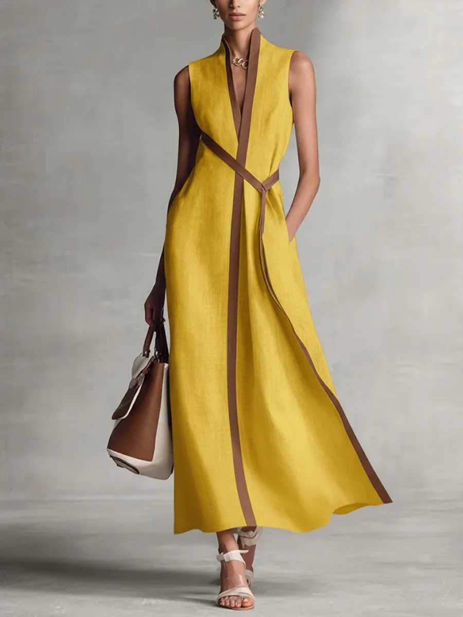 Women's Stand-up Collar Sleeveless Casual Loose Cotton And Linen Dress