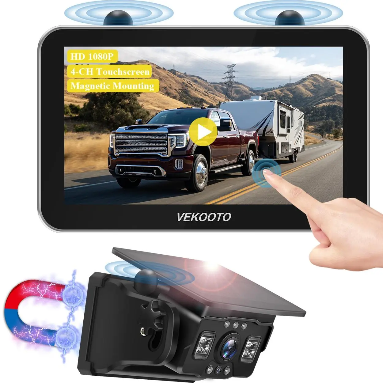 Magnetic Solar Wireless Backup Camera,7'' IPS Touchscreen Monitor,HD1080P IP69 Waterproof Rechargeable Camera,IR Night Vision for RV Trailer Camper Truck