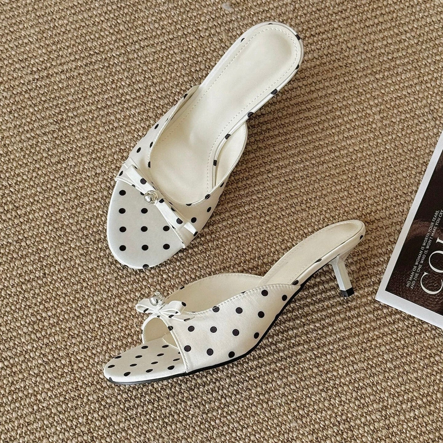 Girly Bow Polk Dot Kitten Heel Sandals Slip On Slides Mule Sandal Open Toe Dress Shoes