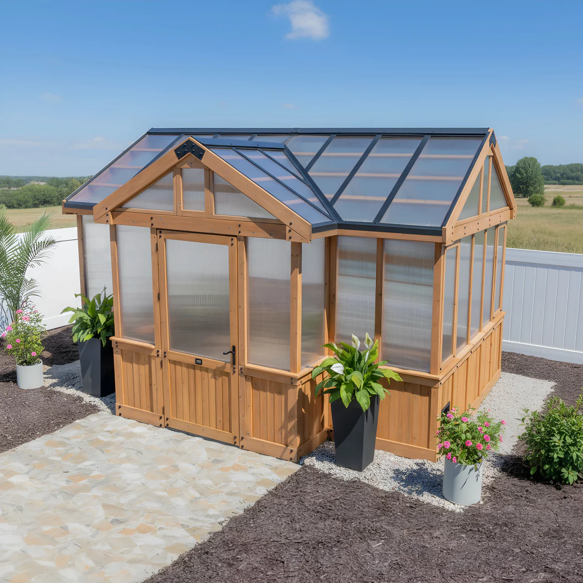 Savannah Chalet-Style 14.5 ft. W x 12 ft. D x 10.5 ft. H Cedar and Polycarbonate Light Brown Greenhouse Kit w/ PowerPort