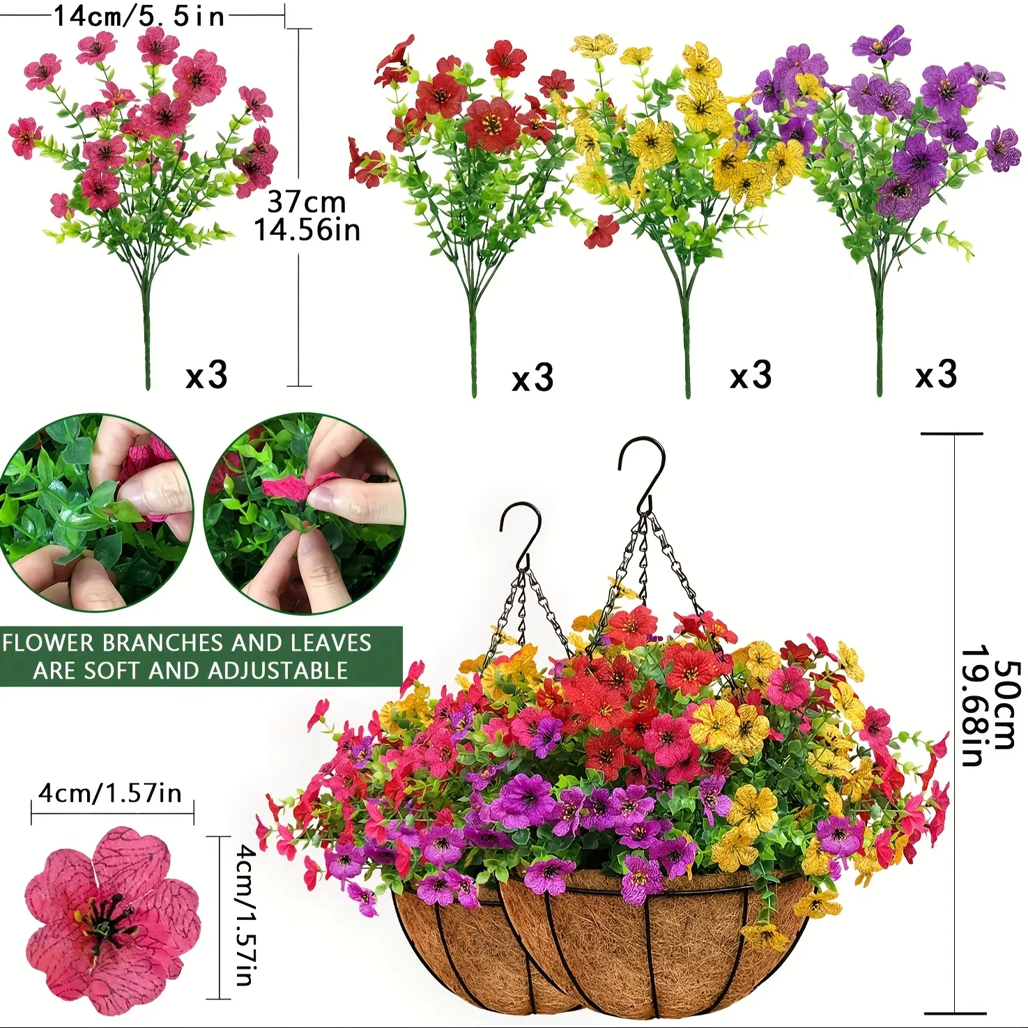 2 Pcs Set UV-Safe Outdoor Decorative Hanging Flower Baskets, 24 Daisies + Eucalyptus Realistic Flowers for House Decor, Balcony Garden Use
