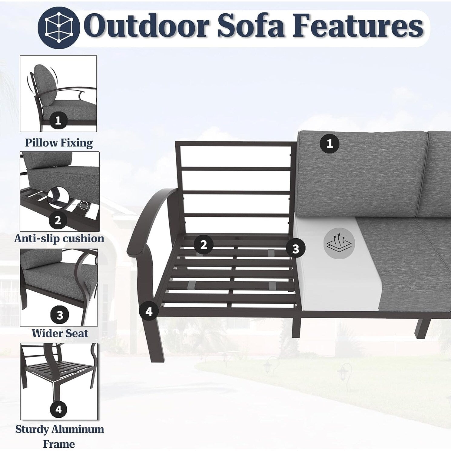 Kullavik Aluminum Outdoor Patio Furniture with Curved Armrests & Firepit Table