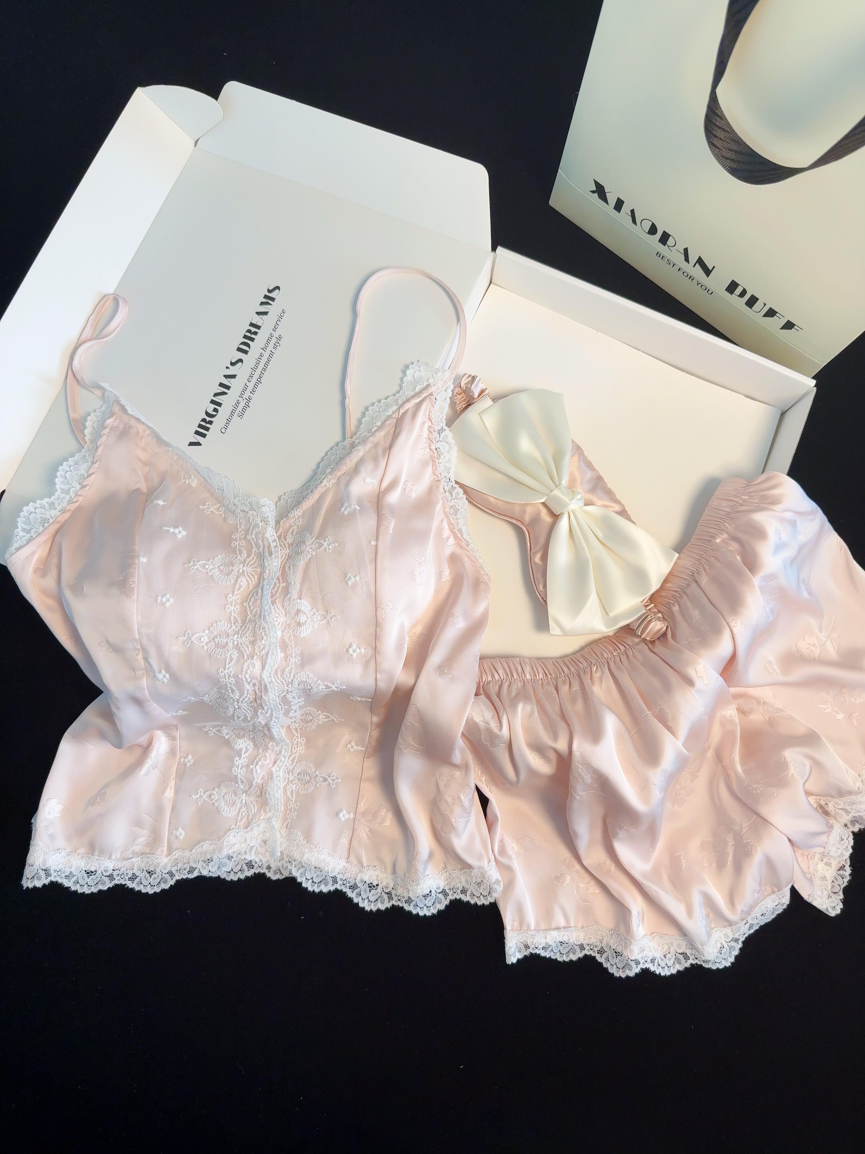 Satin Lace Pajama Set for Women 2 Piece Silky Lingerie Sleepwear Camisole Pj Shorts Set Soft Nightwear