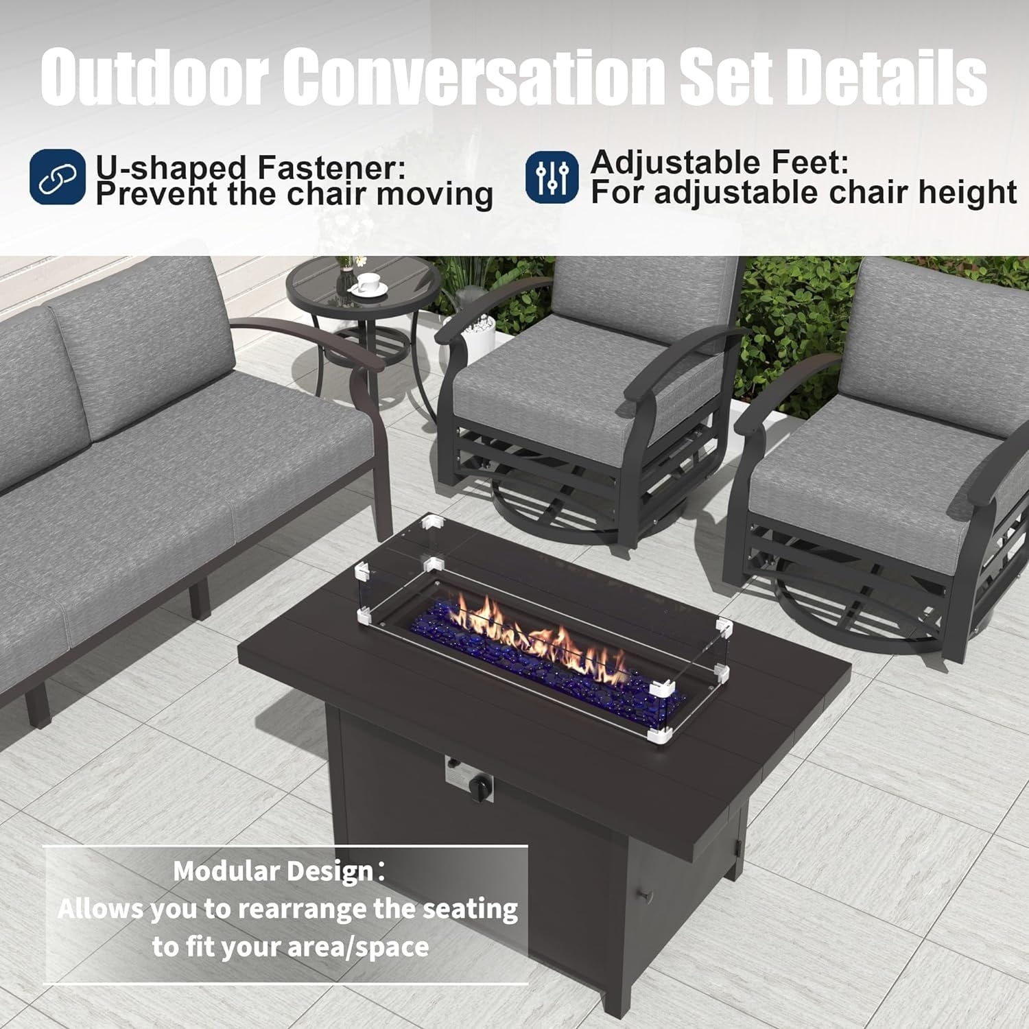 Kullavik Aluminum Outdoor Patio Furniture with Curved Armrests & Firepit Table