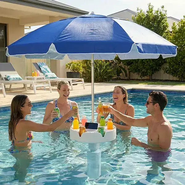 Portable Floating Pool Bar Table with Sun Umbrella, Built-in Cup Holders & Phone Stand, Stable Base with Carry Bag for Pool, Lake, Beach Summer Parties